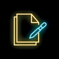 Neon icon of pen writing on documents representing content creation vector