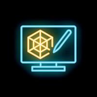 Neon icon of computer displaying 3d modeling software with stylus vector