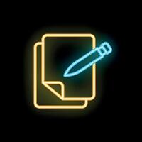 Neon sign of pen writing on paper representing content creation vector
