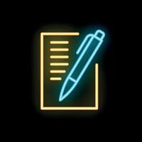 Neon sign of a pen writing on a document vector