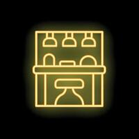 Glowing neon line coffee house bar counter with chairs icon isolated on black background illustration vector