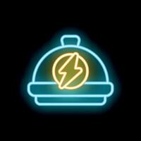 Neon icon of restaurant cloche with lightning symbol inside vector