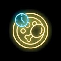 Neon sign showing lunchtime with chicken leg on plate and clock vector