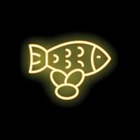 Neon sign of fish lying on stones glowing yellow on black background vector