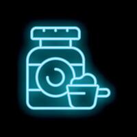 Neon icon of protein powder with scoop on black background vector