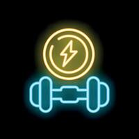 Neon sign representing energy boost for fitness training with dumbbell and lightning symbol vector