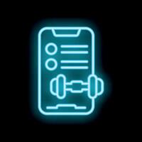 Neon icon of smartphone showing fitness app interface with dumbbell symbol vector
