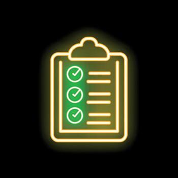 Neon glowing icon of a clipboard with a checklist, representing a completed task or survey vector
