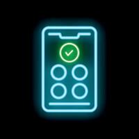 Neon icon of smartphone showing completed tasks on dark background vector