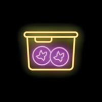 Glowing neon line lunch box with food icon isolated on black background vector