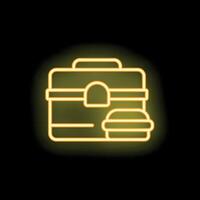 Yellow neon lunchbox icon glowing against dark background vector