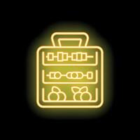Yellow glowing neon icon of a food delivery app, visualizing the process of ordering food online vector