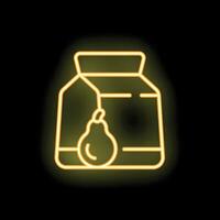 Neon sign of pear juice carton glowing on black background vector