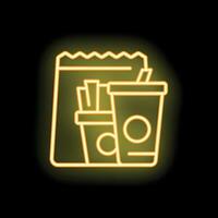 Neon sign showing paper bag containing french fries and soda with straw vector