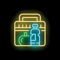 Lunchbox with apple and water bottle neon sign on black background vector