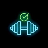 Neon icon of dumbbell with check mark representing successful workout vector