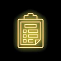 Neon yellow clipboard with checklist icon glowing on black background vector