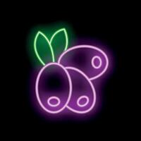 Neon sign representing three olives with leaves on black background vector