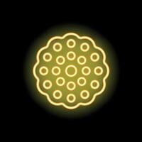 Neon sign showing a round chocolate chip cookie glowing on a black background vector