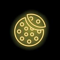 Neon icon of round chocolate chip cookie with bite missing on black background vector