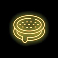 Yellow neon sign of dripping round cake on black background vector