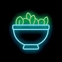 Neon sign of fresh salad in bowl on black background vector