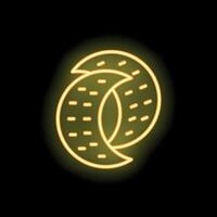 Yellow neon sign showing two intertwined crescents glowing on black background vector