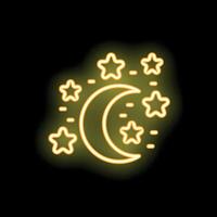Yellow neon style crescent moon and stars icon vector