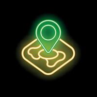 Glowing neon green location pin on yellow map on black background vector