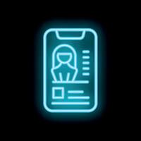 Neon icon of smartphone displaying female profile on black background vector