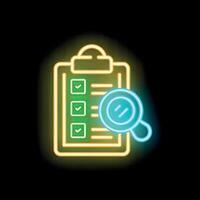 Neon icon of magnifying glass analyzing checklist on clipboard vector