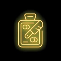 Neon sign of medical kit with pills and thermometer showing high temperature vector
