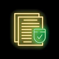 Neon icon of documents with shield and check mark showing data security vector