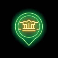 Neon green glowing location pin pointing museum building on black background vector