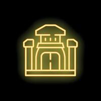 Neon sign of a building with columns and gate glowing yellow on black background vector