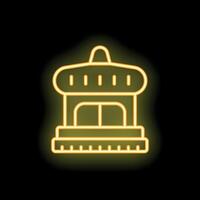 Neon yellow shopfront icon with rounded roof and steps leading to entrance on black background vector