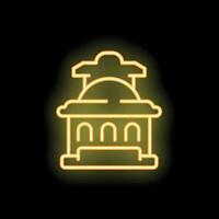 Yellow neon building facade with columns and dome roof on black background vector