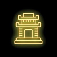 Yellow neon sign of traditional building with gate on black background vector
