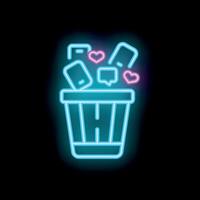Neon icon of smartphones and hearts being thrown away in trash can vector