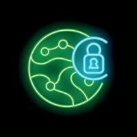 Neon icon of global network security showing padlock protecting earth vector