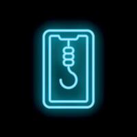 Neon icon of smartphone displaying a hook representing online scams and phishing attacks vector
