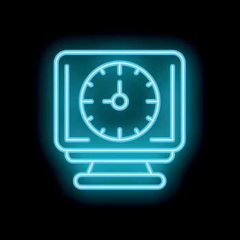 Neon blue clock showing time on computer screen icon vector