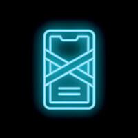 Blue neon smartphone with crossed tape not allowed sign on black background vector