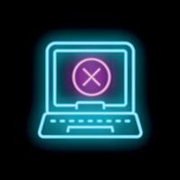 Neon computer icon displaying a cross mark symbol on screen vector