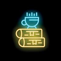 Neon sign of steaming coffee mug resting on stack of books vector