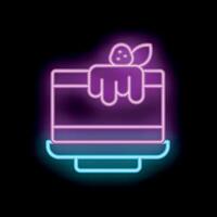 Neon sign of a delicious cake with chocolate drizzle and strawberry topping vector