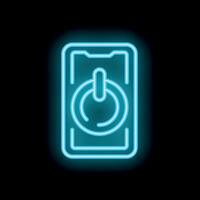 Blue neon smartphone showing power button on black background vector