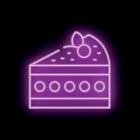 Glowing neon sign of cake slice with berries on black background vector