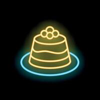 Neon sign showing delicious cake with berries on plate vector