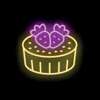 Bright neon sign of delicious cake with strawberries on top vector